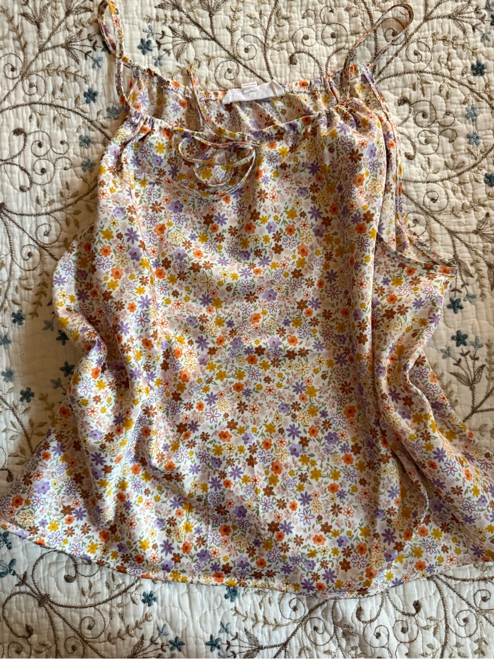 Pink Rose Cream Floral Spaghetti Strap Top with Yellow, Orange & Purple Flowers